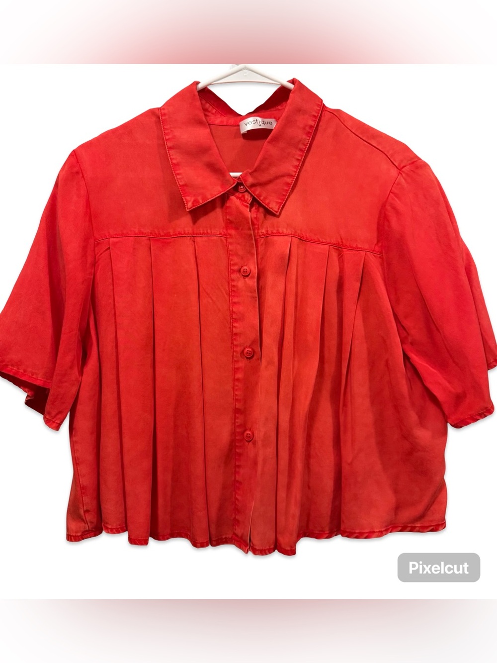 vestique Red Pleated Button-Down Collared Women's Top